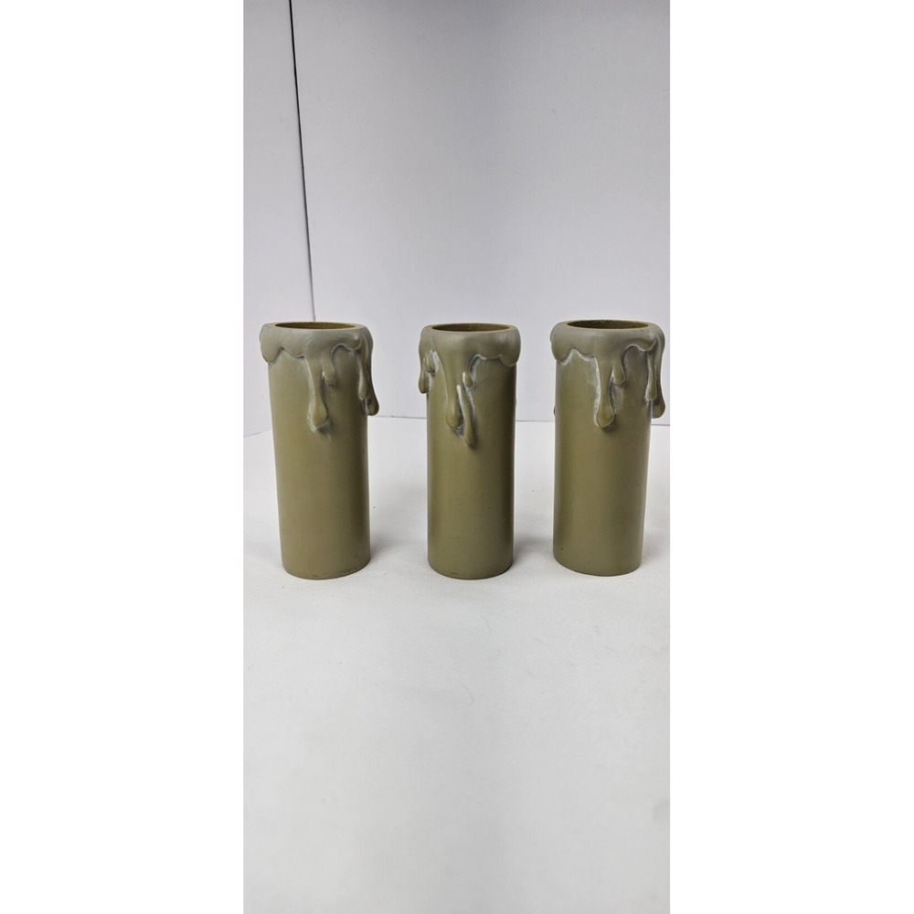 Vintage Set 3 Faux Drip Wax Candle Covers Sleeves Olive Green Resin Chandelier